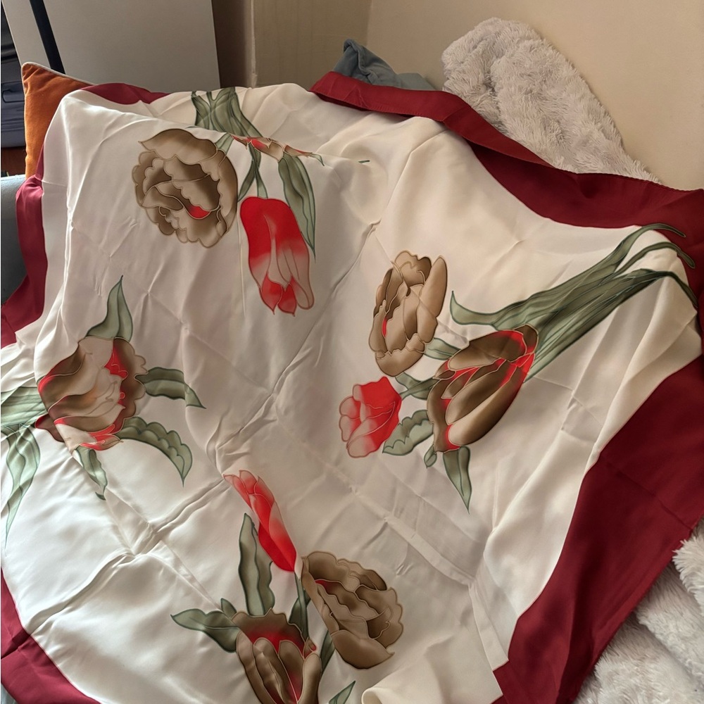 Floral silk scarf- Red and Cream